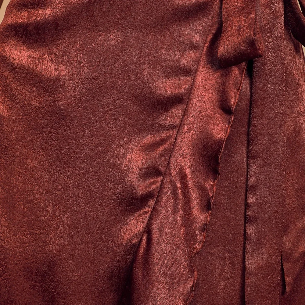 NWT Lulus Burgundy Satin Faux-Wrap Midi Dress - Picture 4 of 10